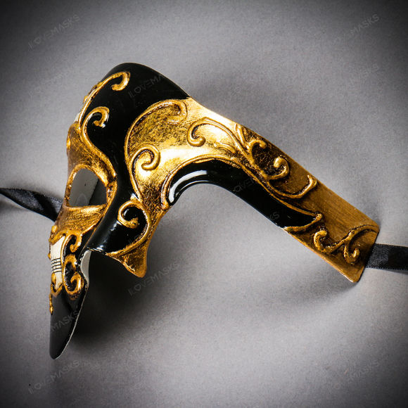 Phantom Of Opera Musical Masquerade Venetian Men Full Mask - Black Gold - Picture 4 of 10